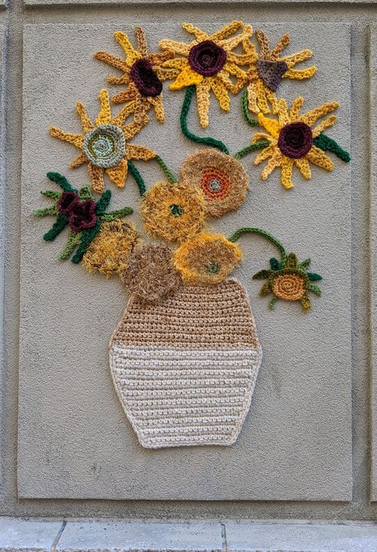 Crochet vase of sunflowers inspired by Vincent Van Gogh created by Nicole Nikolich, Lace in the Moon 